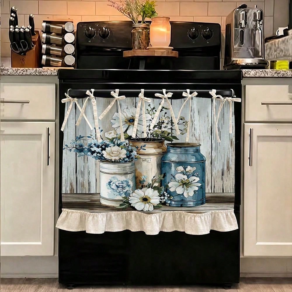 Kitchen Appliances Vintage - ผ้าคลุมเครื่องใช้ในครัวสไตล์ฟาร์มเฮาส์แบบ 2 มิติ, ผ้าคลุมเตาอบอเนกประสงค์, ลายขวดโหลดอกไม้สไตล์วินเทจและลายไม้แบบชนบท, ผ้าพร้อมชายระบายและเชือกผูก,
