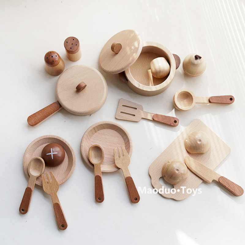 Kitchen Appliances And Utensils - ชุดครัวไม้บีชสำหรับเด็กของเล่น Maoduo พร้อมอุปกรณ์ทำครัว หม้อ ชุดของเล่นทำอาหารเสมือนจริง ชุดหั่นอาหาร